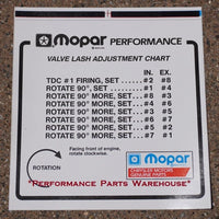 MOPAR PERFORMANCE VALVE LASH ADJUSTMENT CHART - 340 383 426 HEMI 440